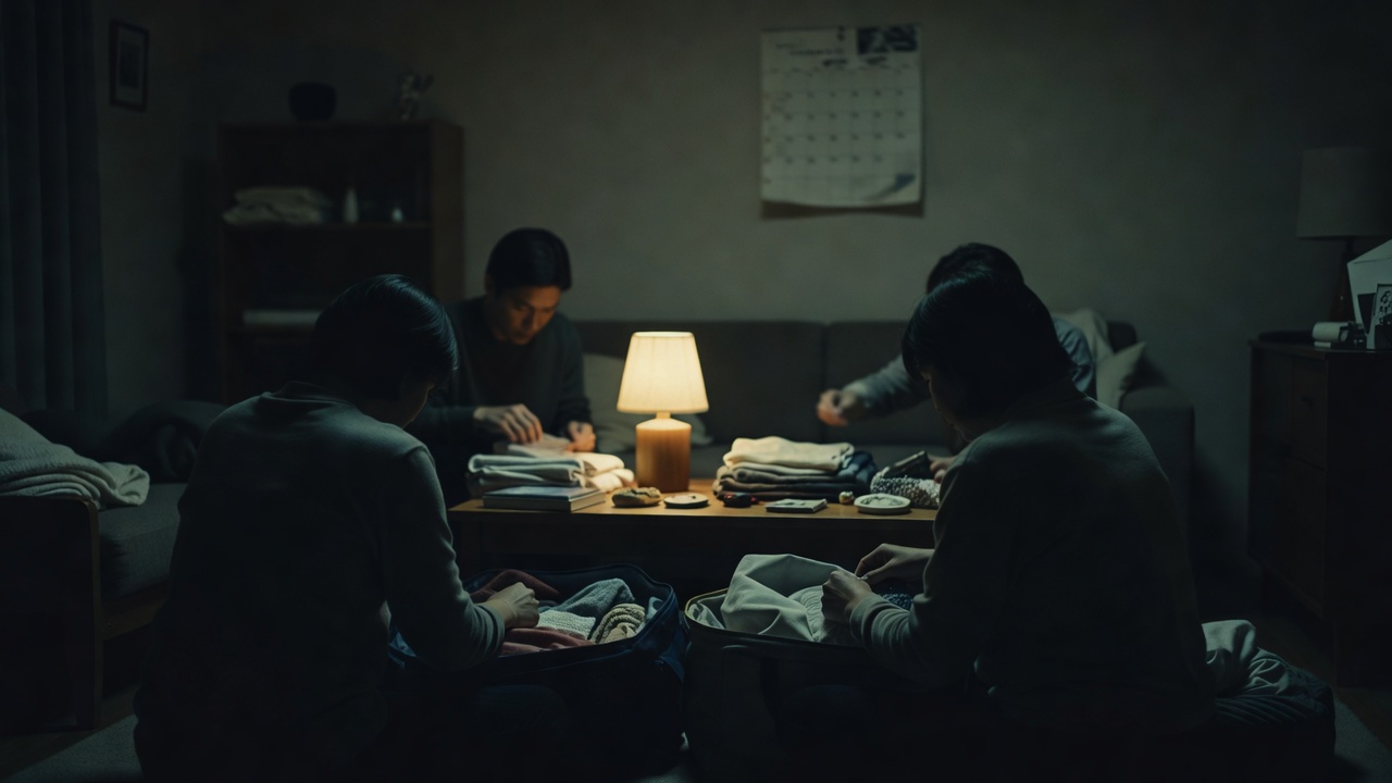昏暗客厅里三人沉默收拾物品的画面，墙上挂着日历，暖色台灯只照亮桌面一角